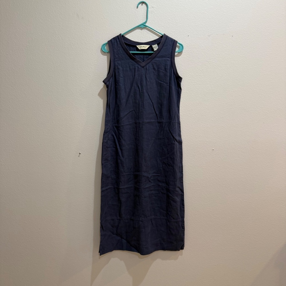 Eddie Bauer Navy Blue 100% Linen V-Neck Sleeveless Midi Dress Pockets Petite 6